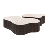 White photo set of 2 organic coffee tables Cruz Grand with Taj Mahal ceramic tops and dark brown ribbed base.
