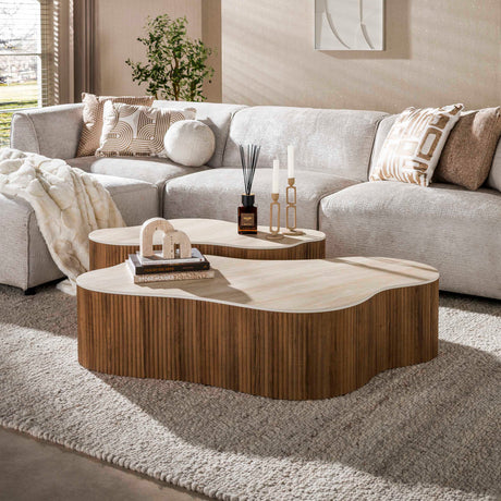 Set of 2 organic Cruz Grand coffee tables with Travertine ceramic tops and oak wood look ribbed base.