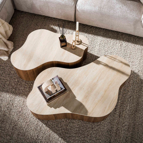 Set of 2 organic Cruz Grand coffee tables with Travertine ceramic tops and oak wood look ribbed base.
