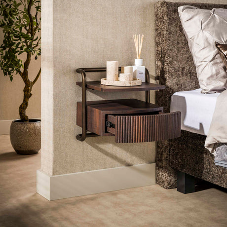 Floating bedside table with 1 drawer dark brown wood bronze frame Blaze