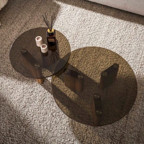 Set of 2 round coffee tables brown smoked glass oak look Thor
