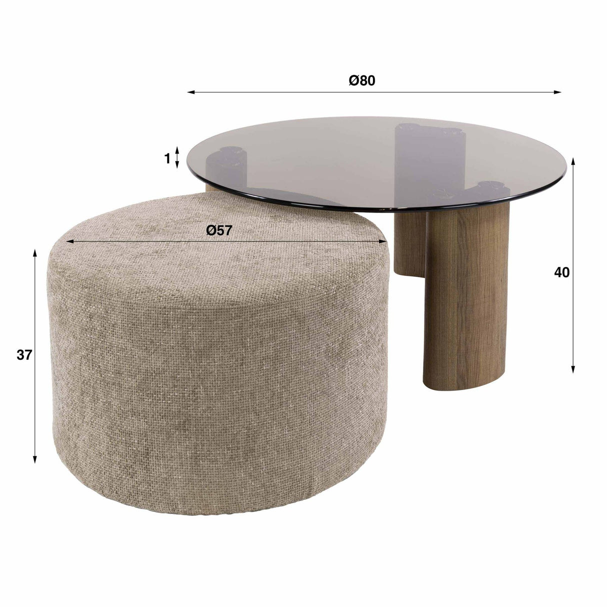 Ronde salontafel set tafel met poef - witfoto met afmetingen