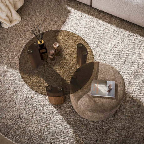 Set of 2 round coffee tables Thor brown smoked glass and sand-colored fabric