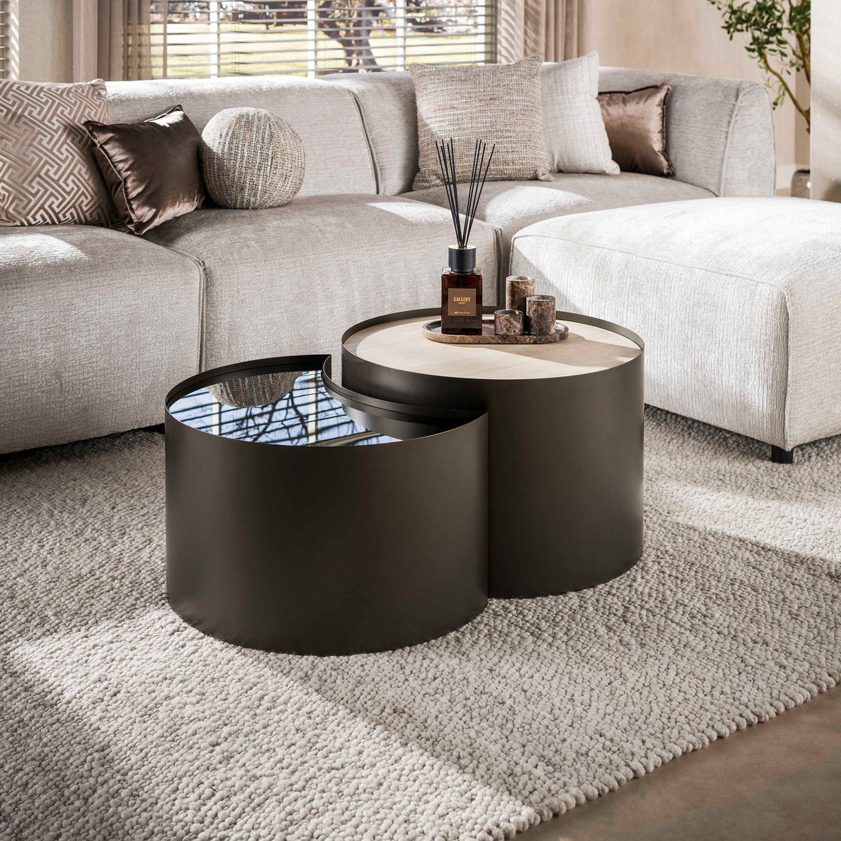 Set of 2 coffee tables Moony – metal frame & ceramic travertine look and glass