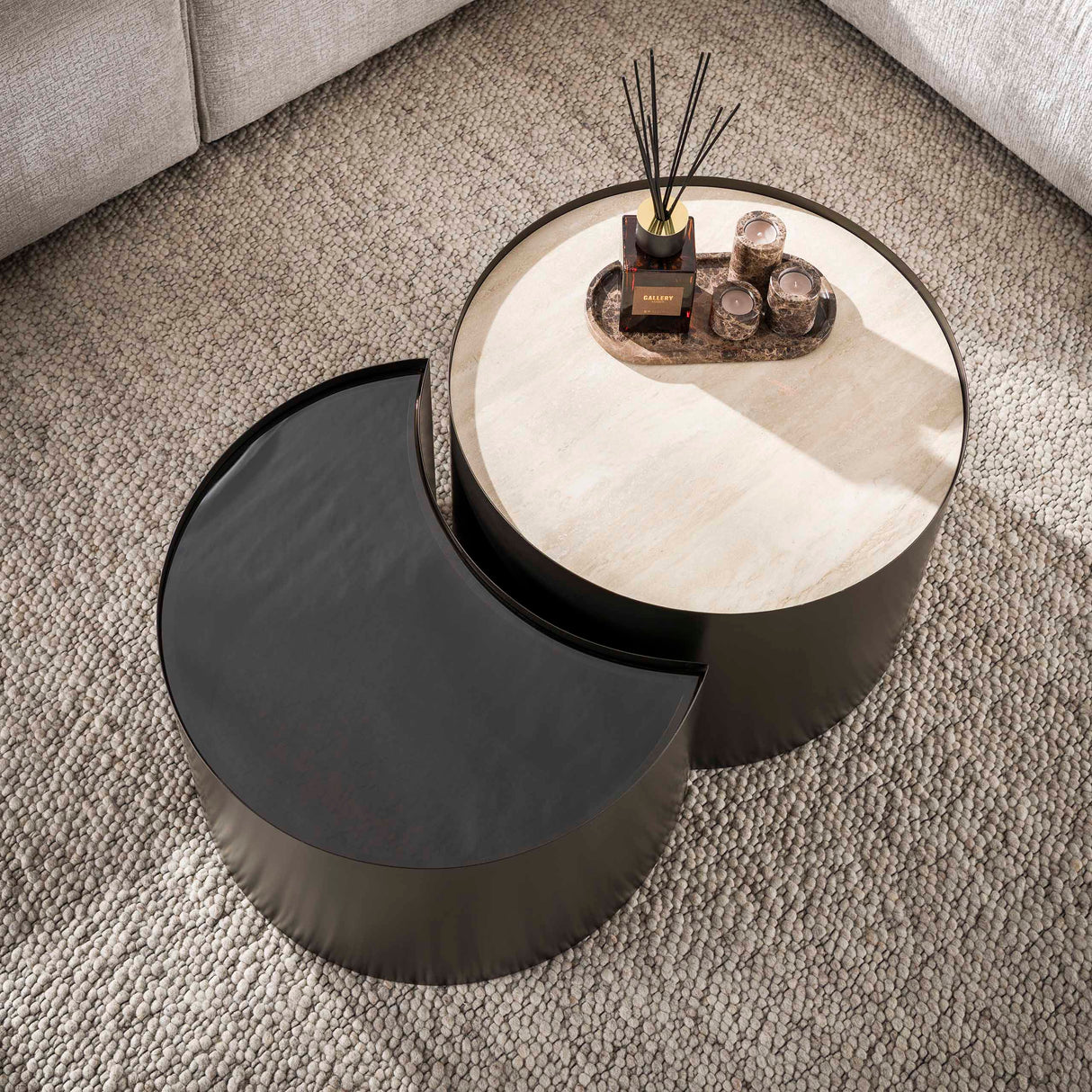 Set of 2 coffee tables Moony – metal frame & ceramic travertine look and glass