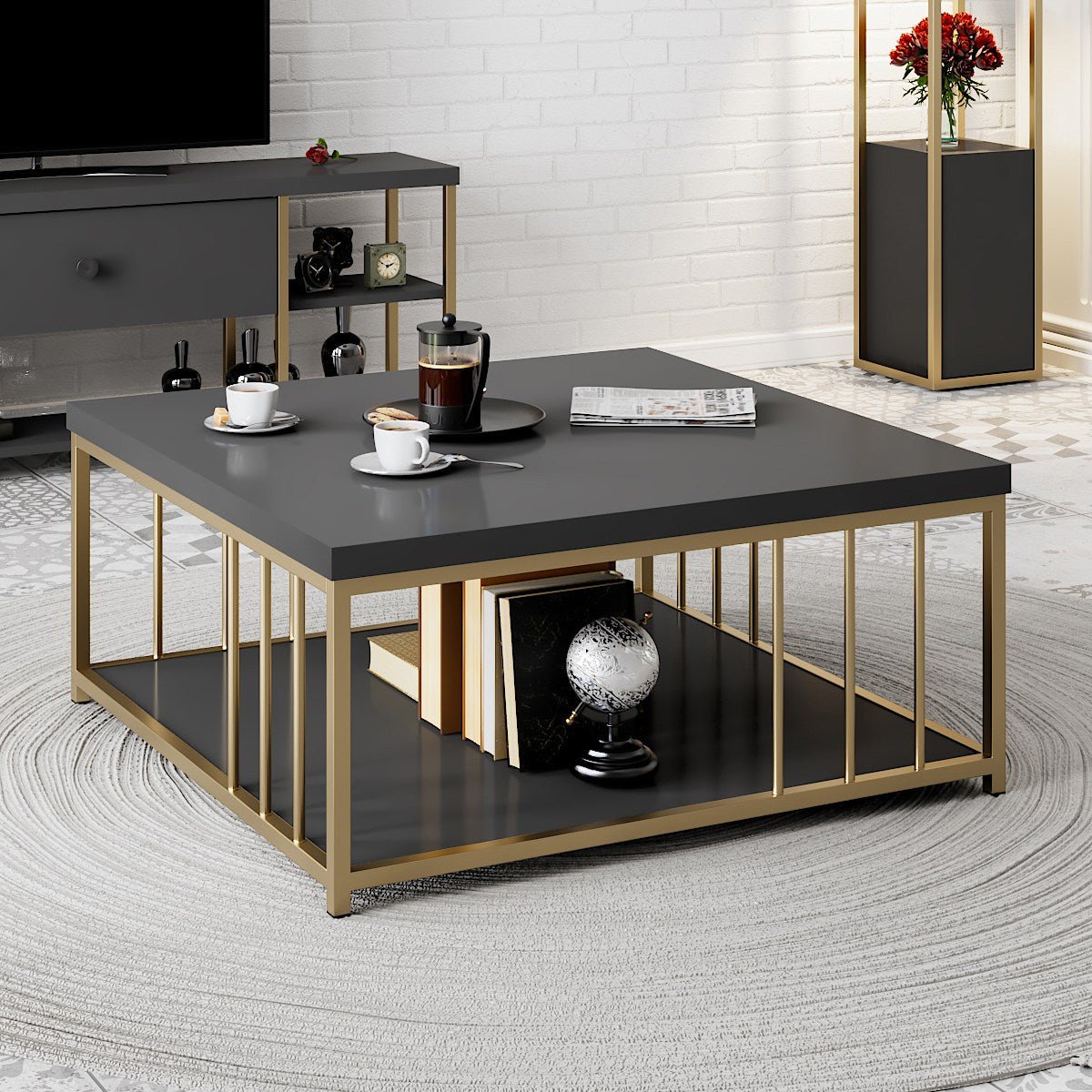 Square Coffee Table Anthracite Zenn 90x90 - Gold Frame