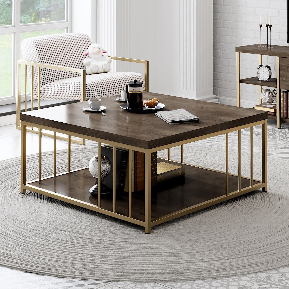 Square Coffee Table Walnut Zenn 90x90 - Gold Frame
