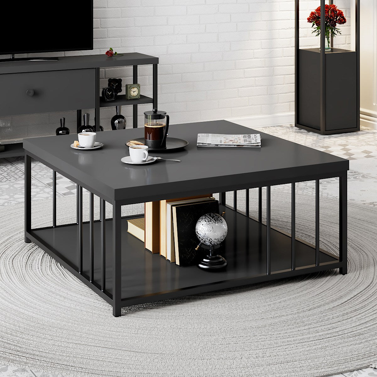 Square Coffee Table Anthracite Zenn 90x90 - Black Frame