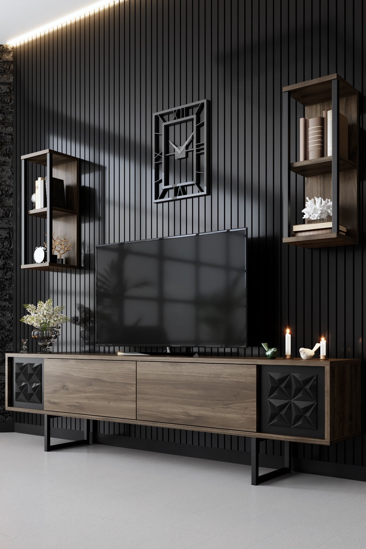 TV furniture set black line walnut black melamine 180x48x30 cm