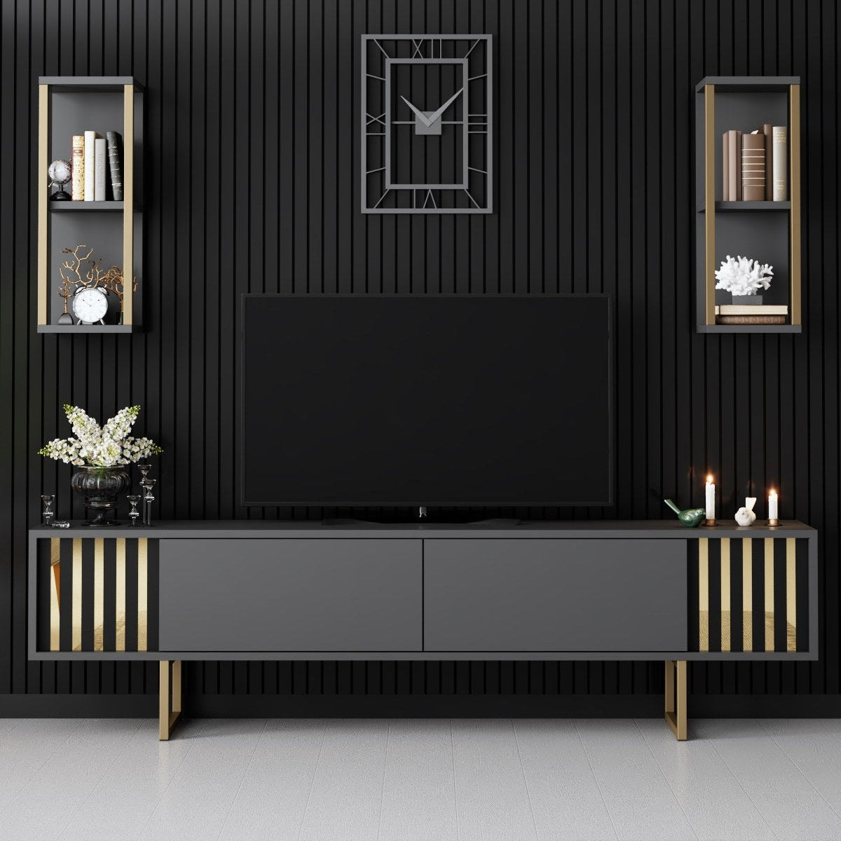 TV furniture set Gold Line Anthracite Black Melamine 180x48x30 cm