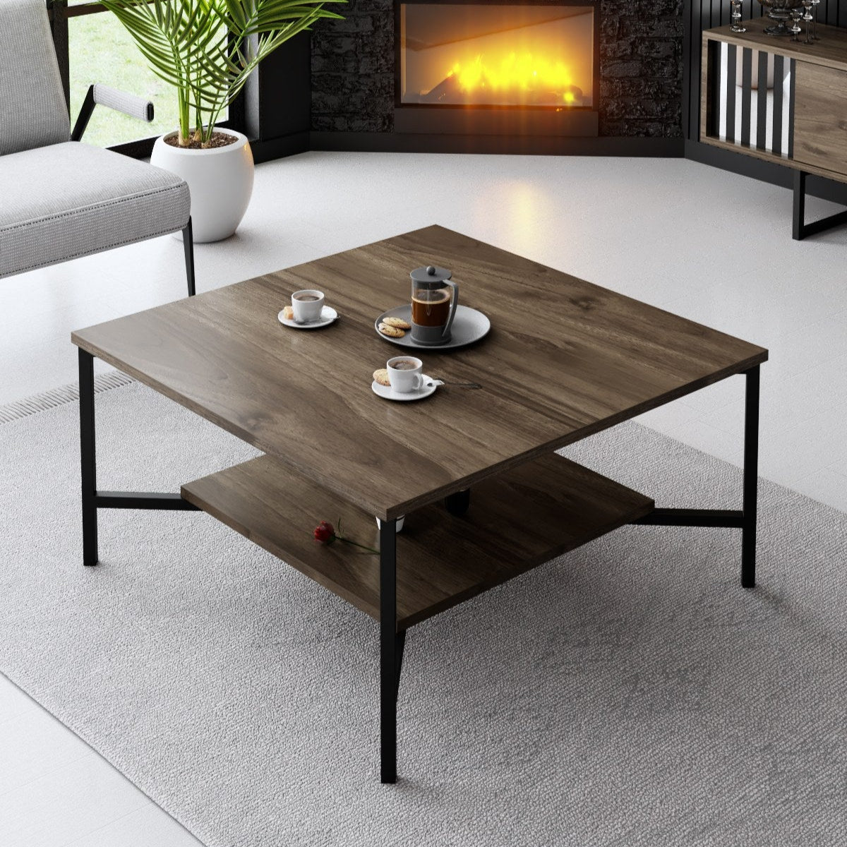 Square Coffee Table Walnut Black Line 80x80 - Black Frame
