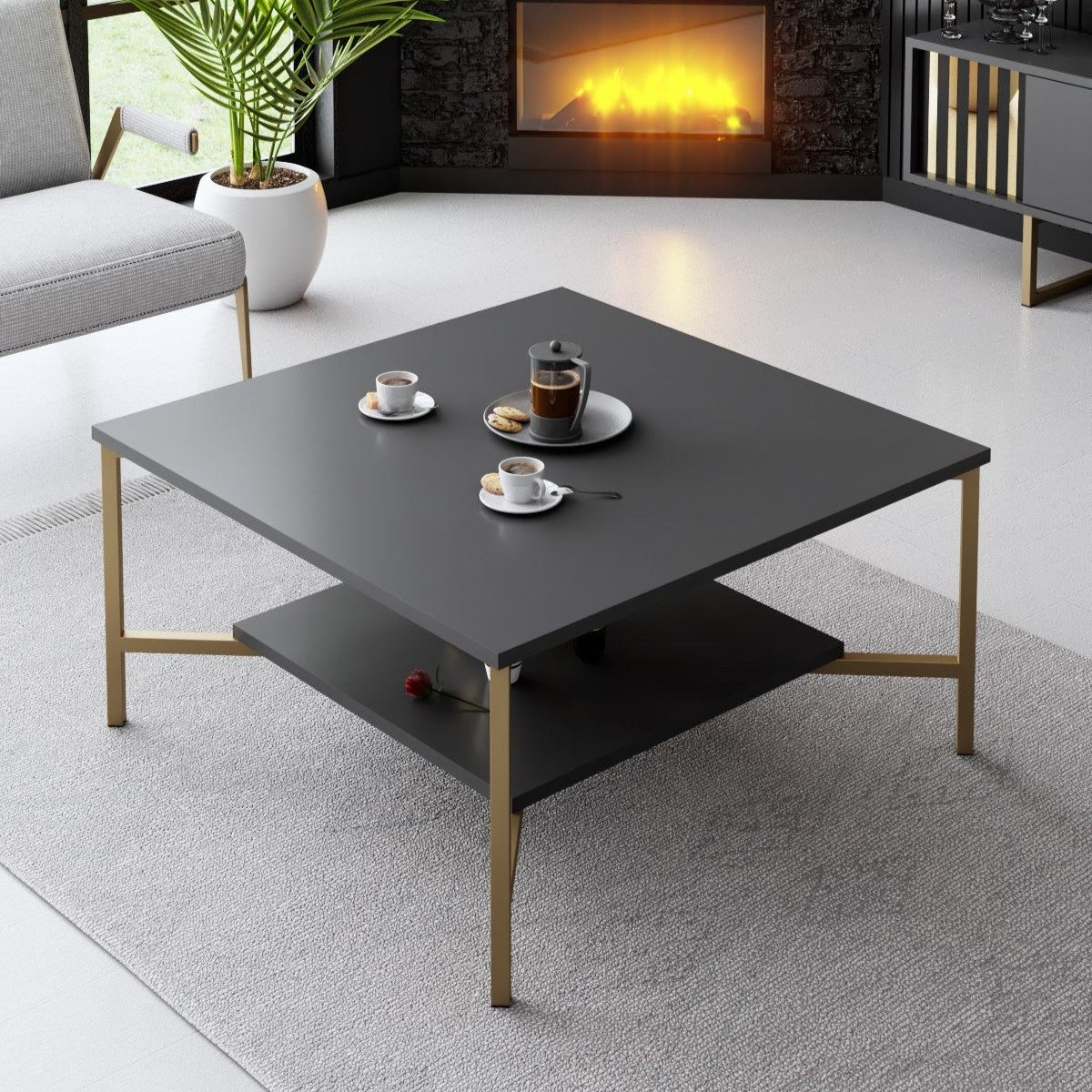 Square Coffee Table Anthracite Gold Line 80x80 - Gold Frame