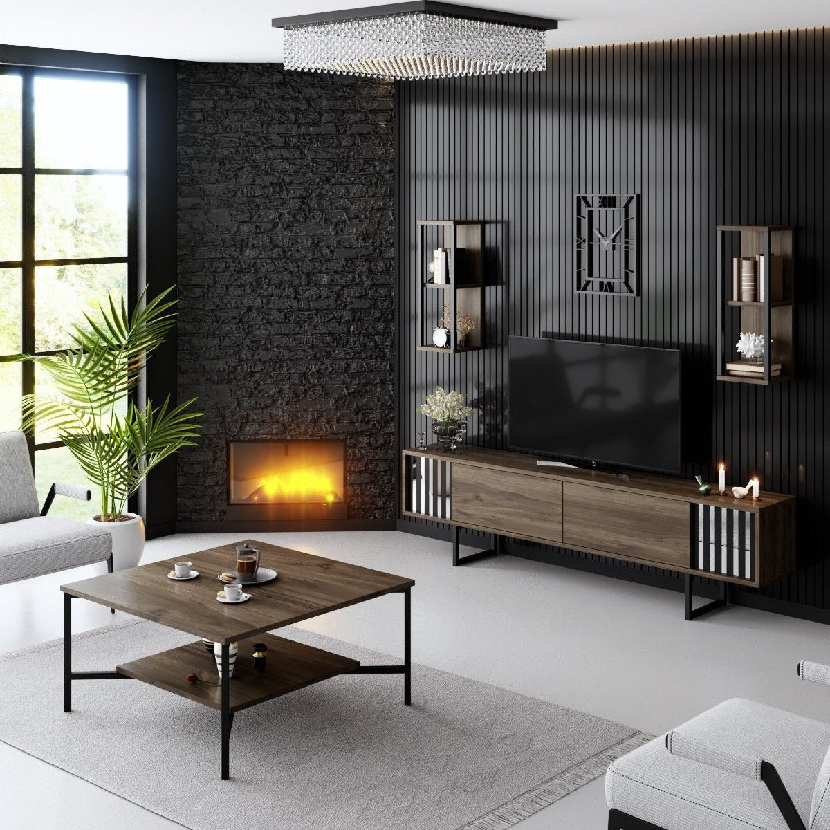 Furniture Set Walnut-Black - Chrome Line - Coffee table + TV cabinet