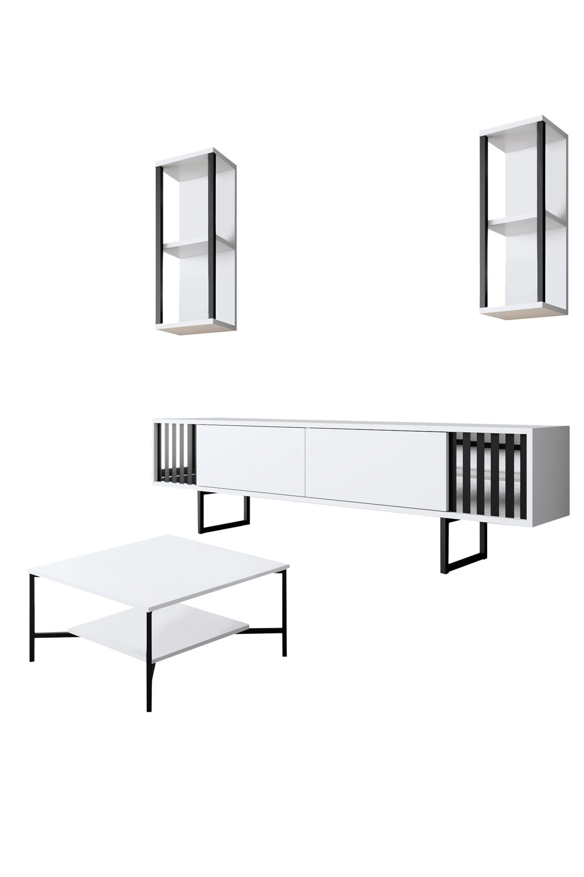 Furniture Set White-Black - Chrome Line - Coffee Table + TV Furniture