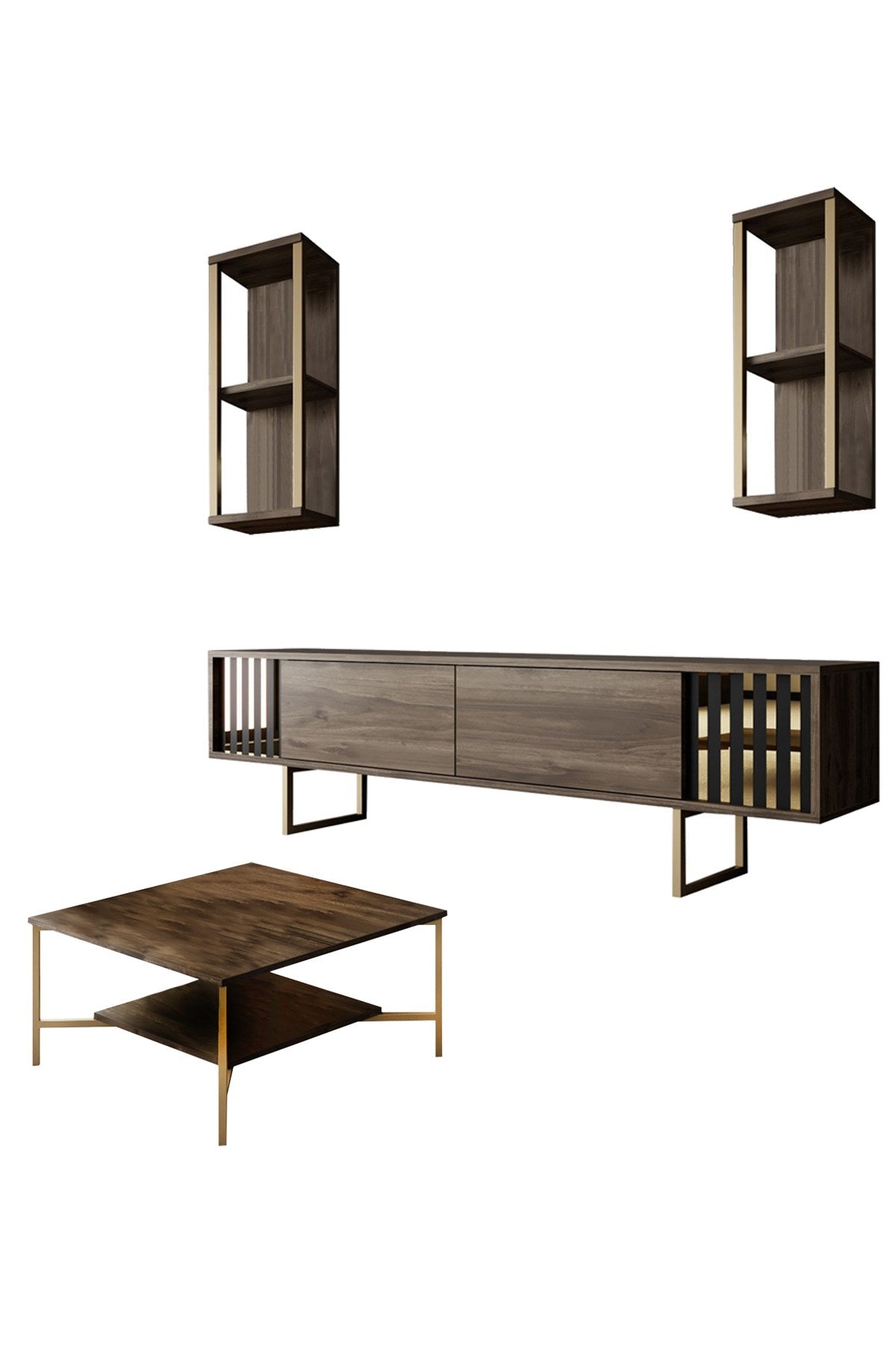 Furniture Set Walnut-Gold - Gold Line - Coffee Table + TV Furniture