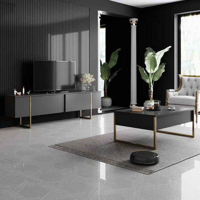 Meubelsets - Meubelset Antraciet Luxe - Salontafel + TV Meubel - Gouden Frame - Dimehouse