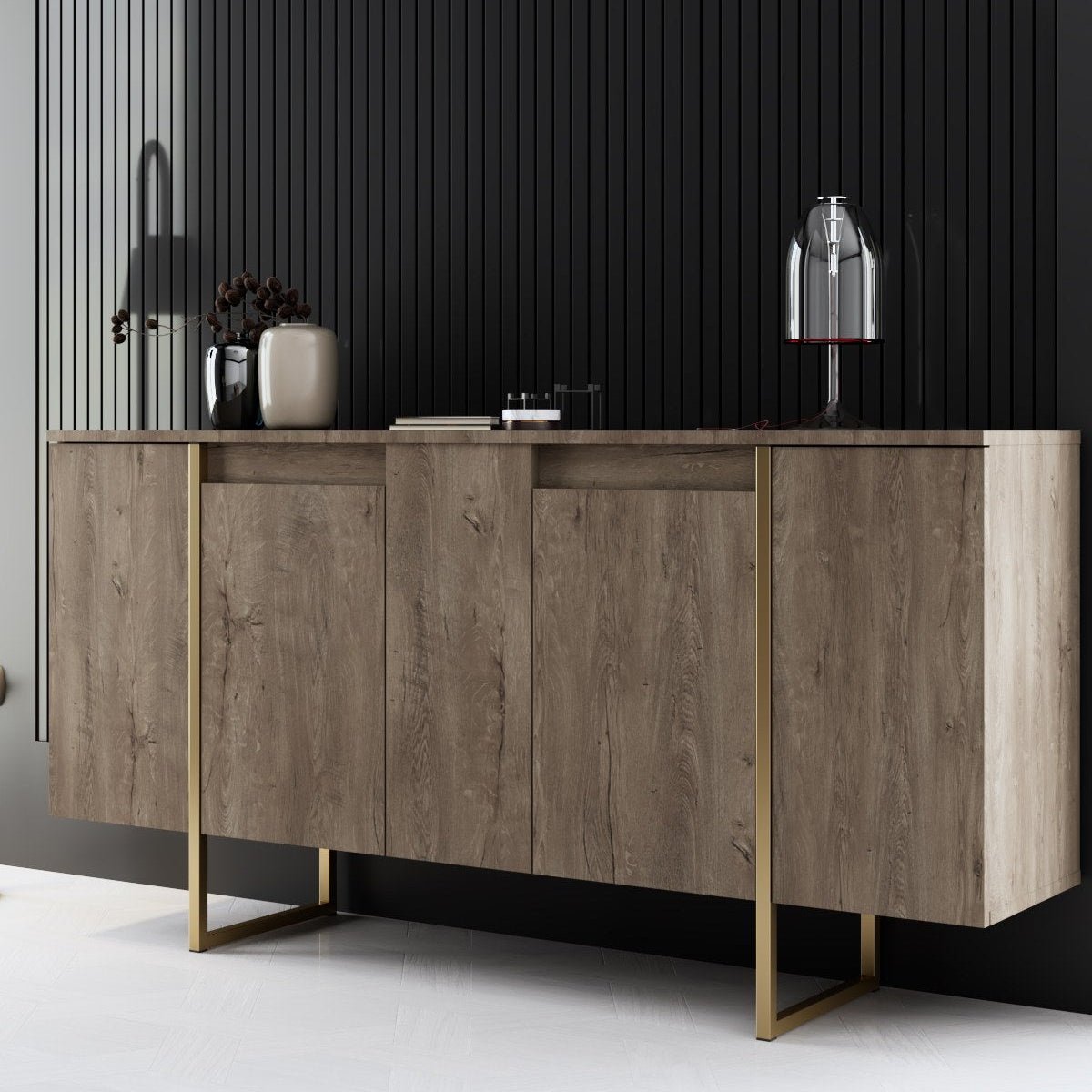 Modern sideboard Walnut Luxe 160x80x35 - Gold frame