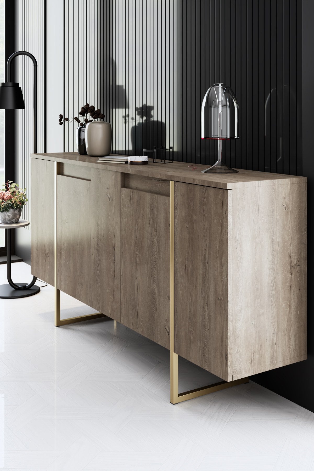 Modern sideboard Walnut Luxe 160x80x35 - Gold frame