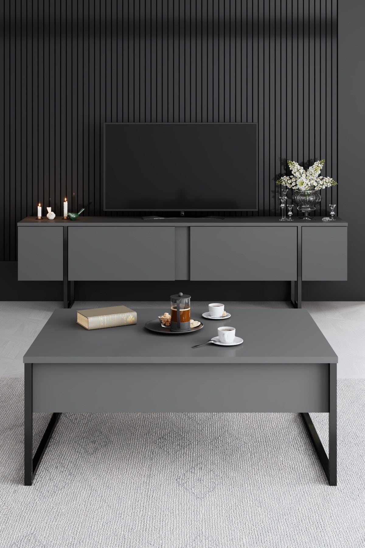 Furniture Set Anthracite Luxe - Coffee Table + TV Cabinet + Dresser - Black Frame