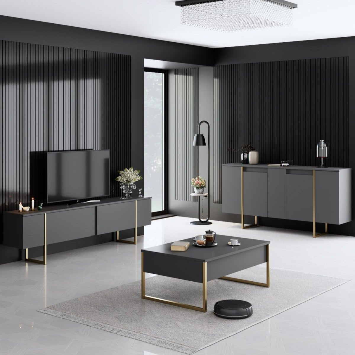 Furniture Set Anthracite Luxe - Coffee Table + TV Cabinet + Dresser - Gold Frame