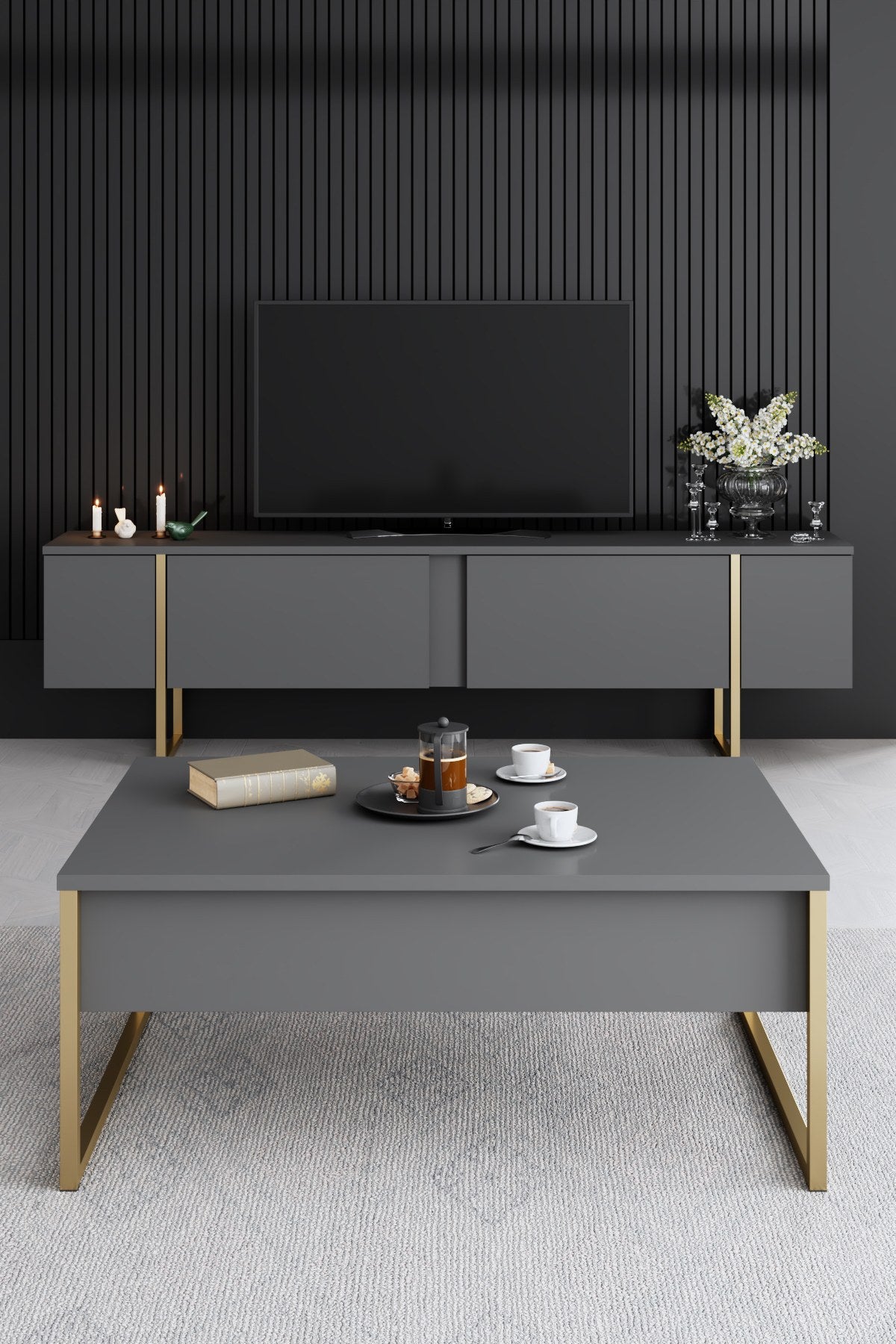 Furniture Set Anthracite Luxe - Coffee Table + TV Cabinet + Dresser - Gold Frame