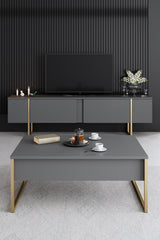Furniture Set Anthracite Luxe - Coffee Table + TV Cabinet + Dresser - Gold Frame