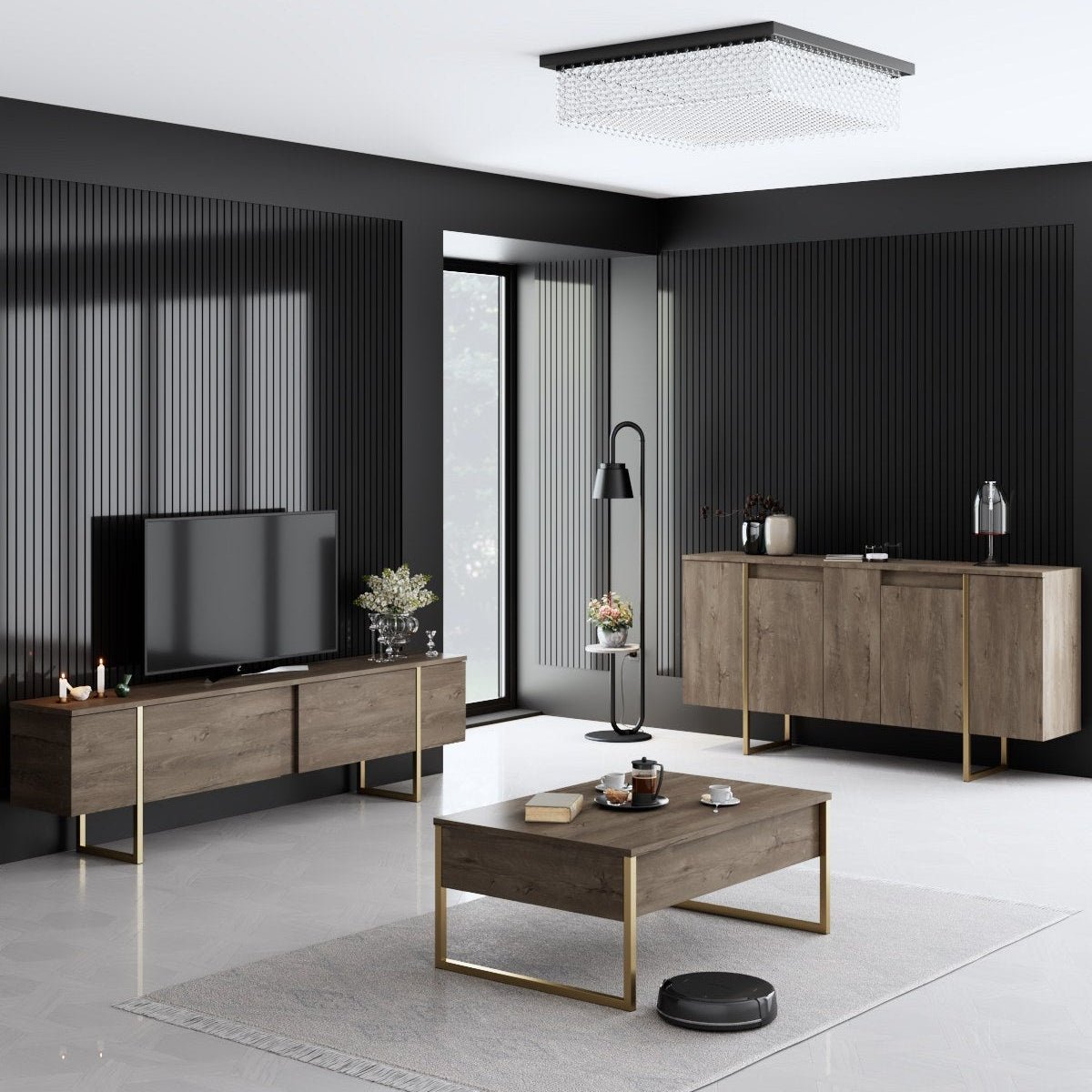 Furniture set Walnut Luxe - Coffee table + TV cabinet + sideboard - Gold frame