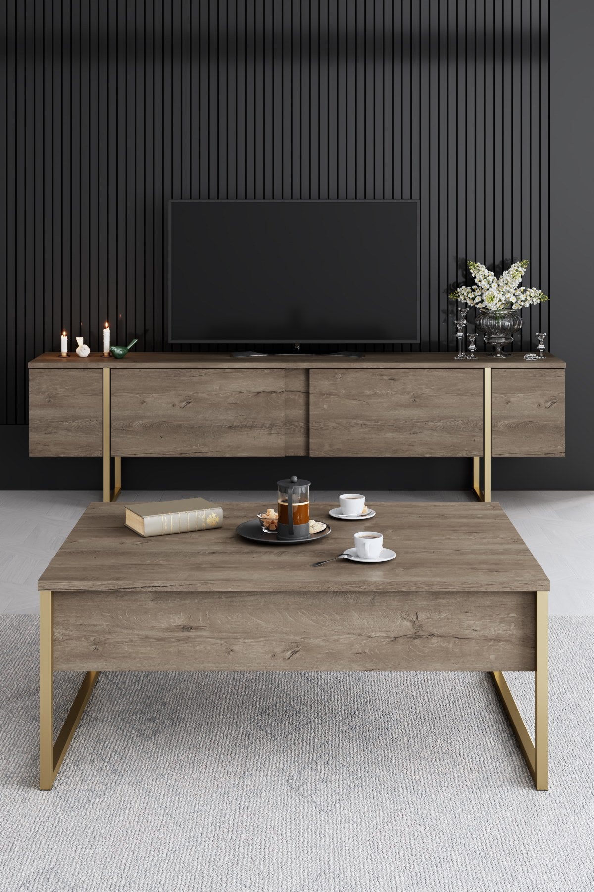 Furniture set Walnut Luxe - Coffee table + TV cabinet + sideboard - Gold frame