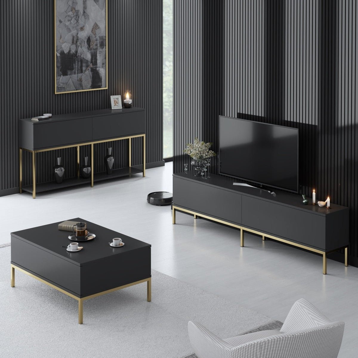 Furniture Set Anthracite Lord - Coffee Table + TV Cabinet + Dresser - Golden Frame