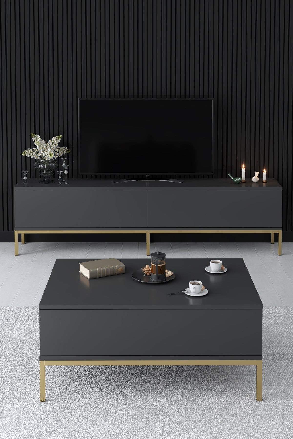 Furniture Set Anthracite Lord - Coffee Table + TV Cabinet + Dresser - Golden Frame