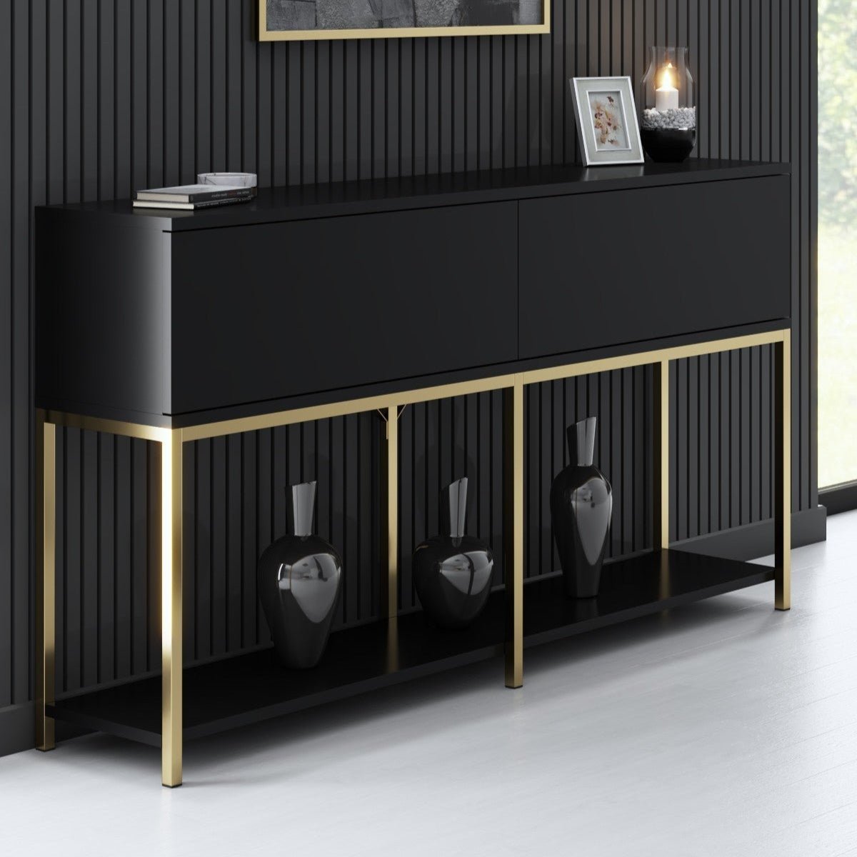 Modern Dresser Black Lord 150x30x80 - Golden Frame - Two Compartments
