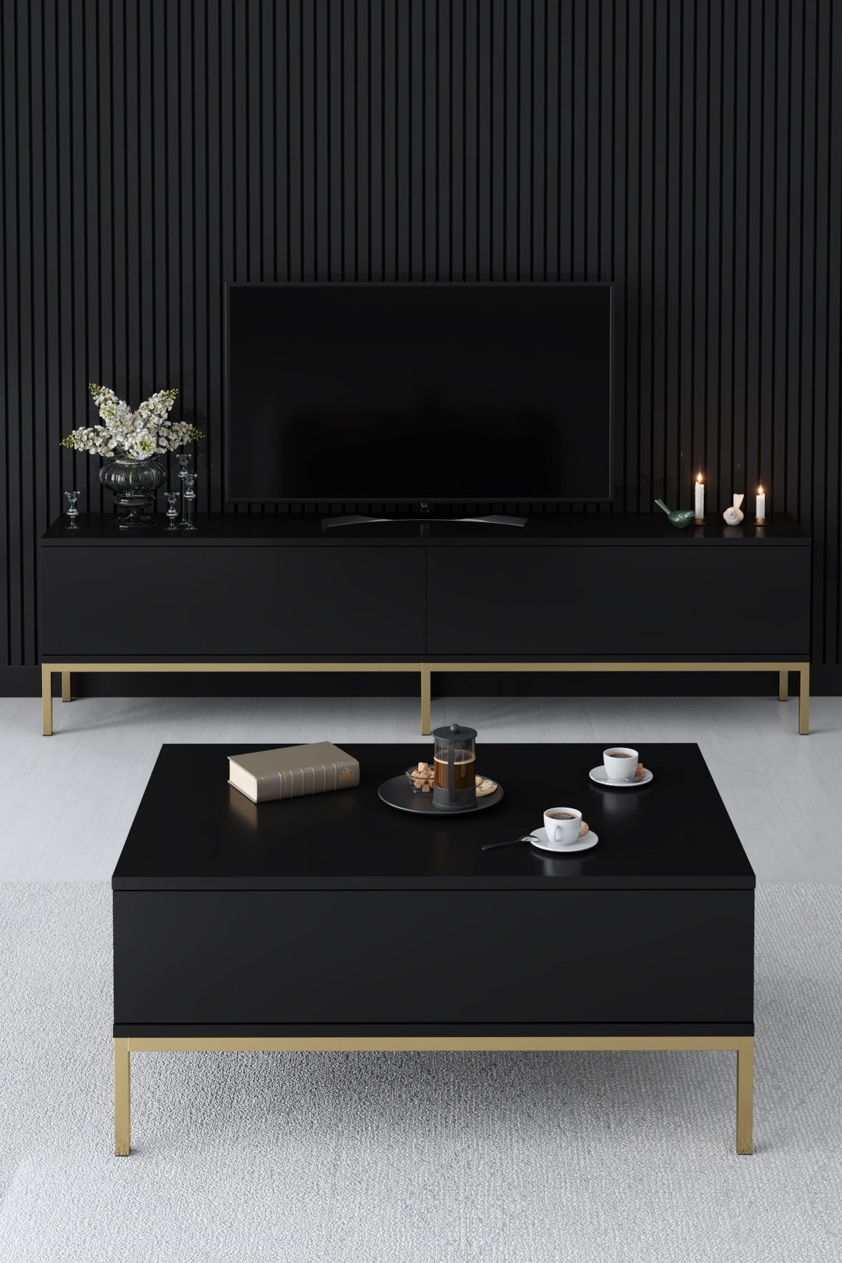 Furniture Set Black Lord - Coffee Table + TV Cabinet + Dresser - Golden Frame