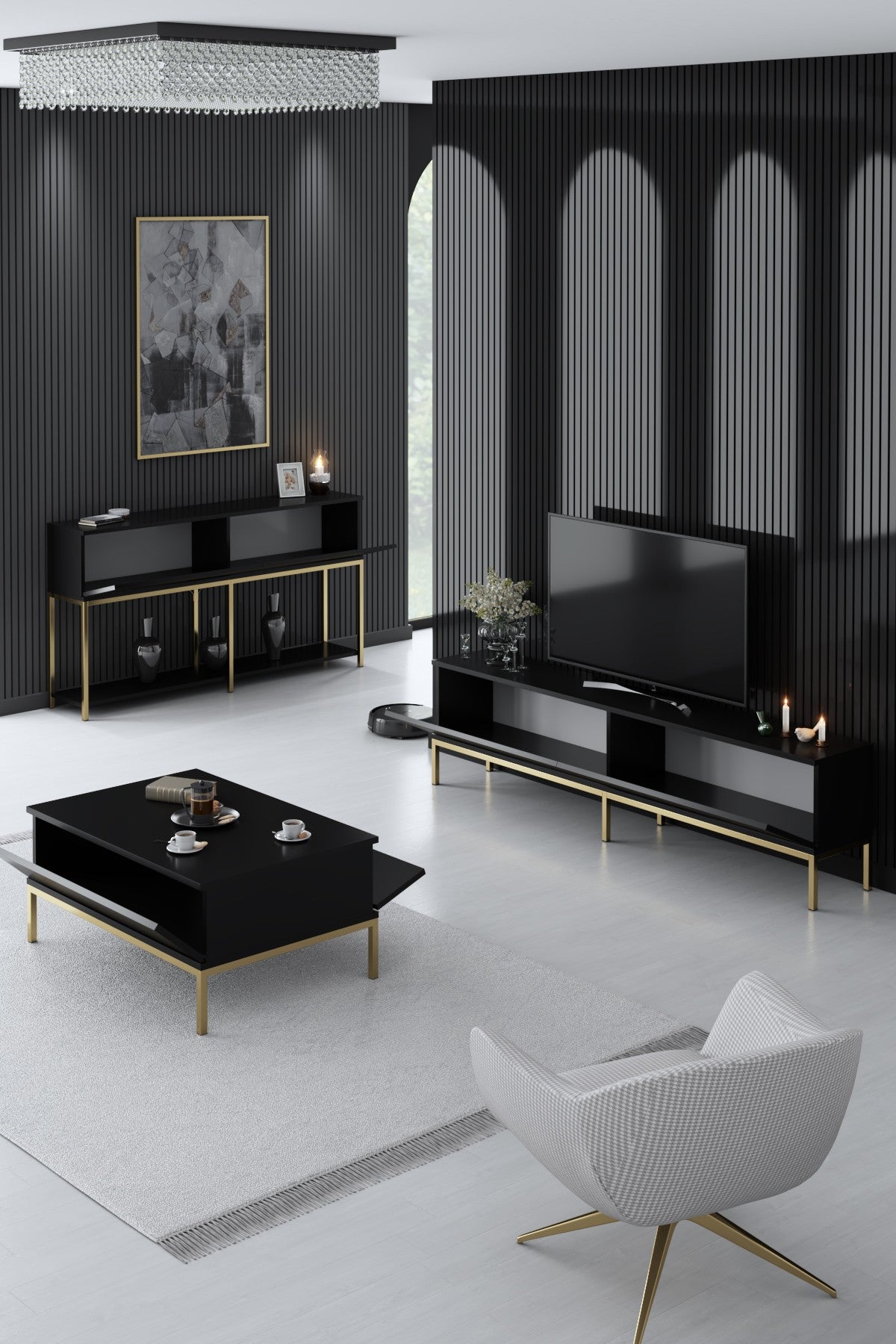 Furniture Set Black Lord - Coffee Table + TV Cabinet + Dresser - Golden Frame