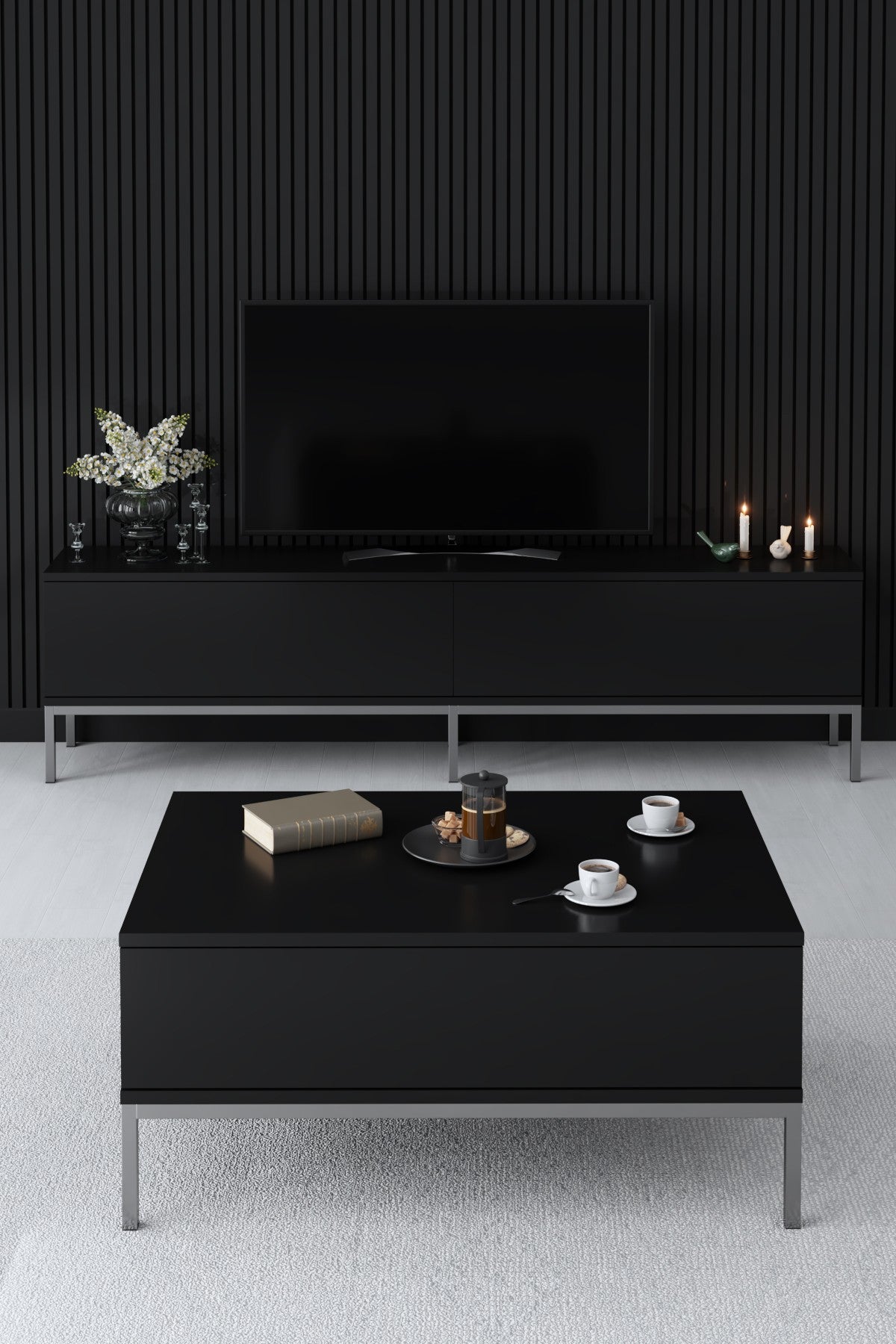 Furniture Set Black Lord - Coffee Table + TV Cabinet + Sideboard - Silver Frame