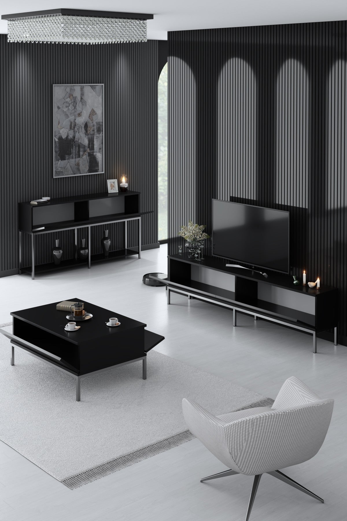 Furniture Set Black Lord - Coffee Table + TV Cabinet + Sideboard - Silver Frame