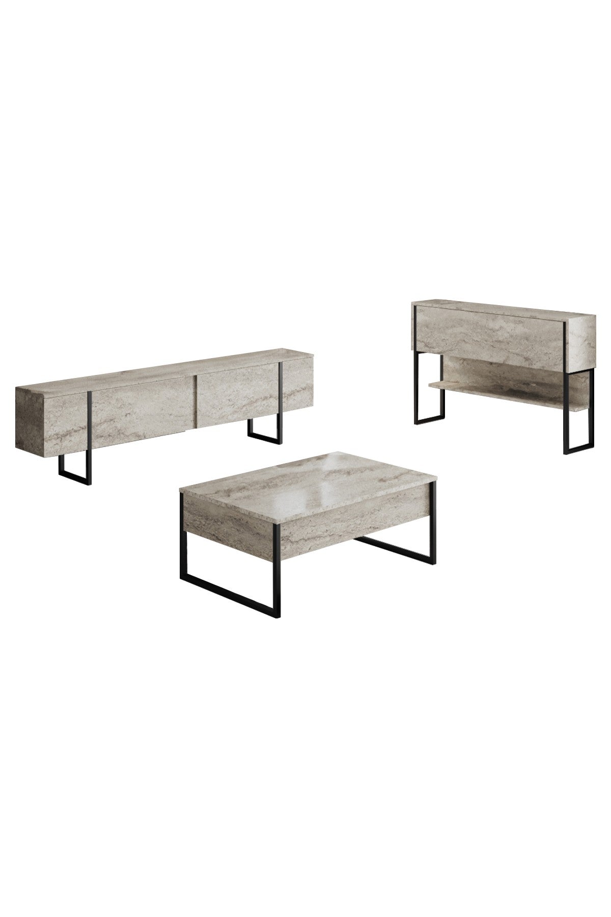 Meubelsets - Meubelset Travertin Luxe - Salontafel + TV Meubel + Dressoir Luxe - Zwart Frame - Dimehouse