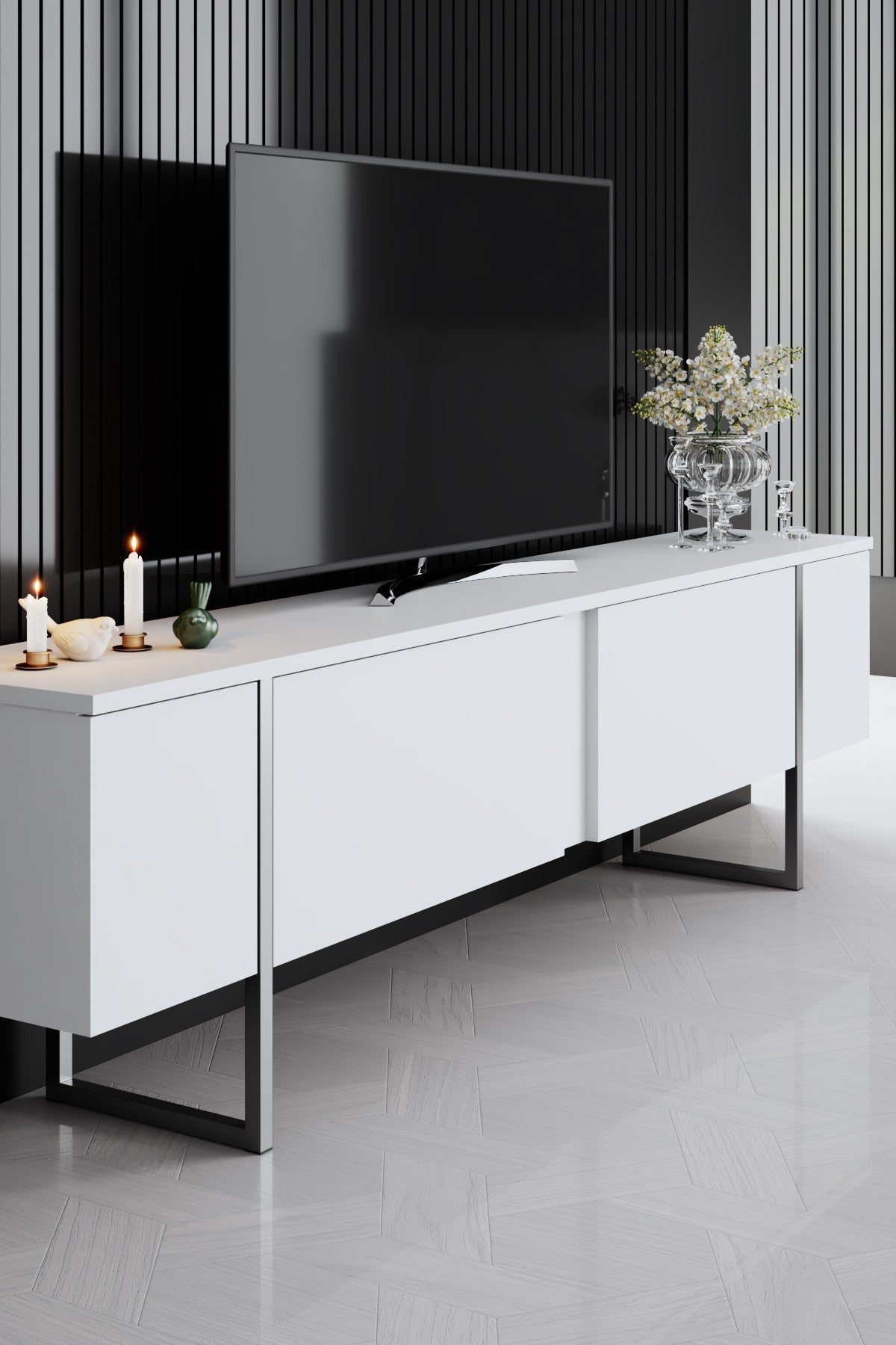 TV Cabinet White Luxury 180x50x30 - Silver Frame