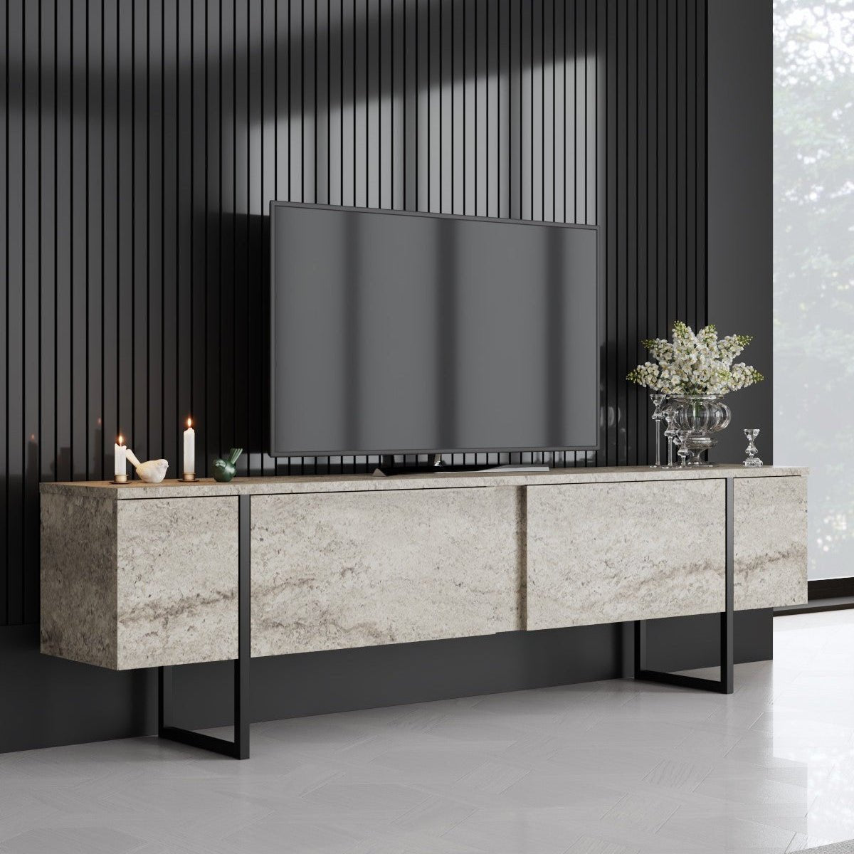 TV Cabinet Travertine Luxe 180x50x30 - Black Frame