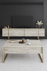 TV cabinet Travertine Luxe 180x50x30 - Gold frame