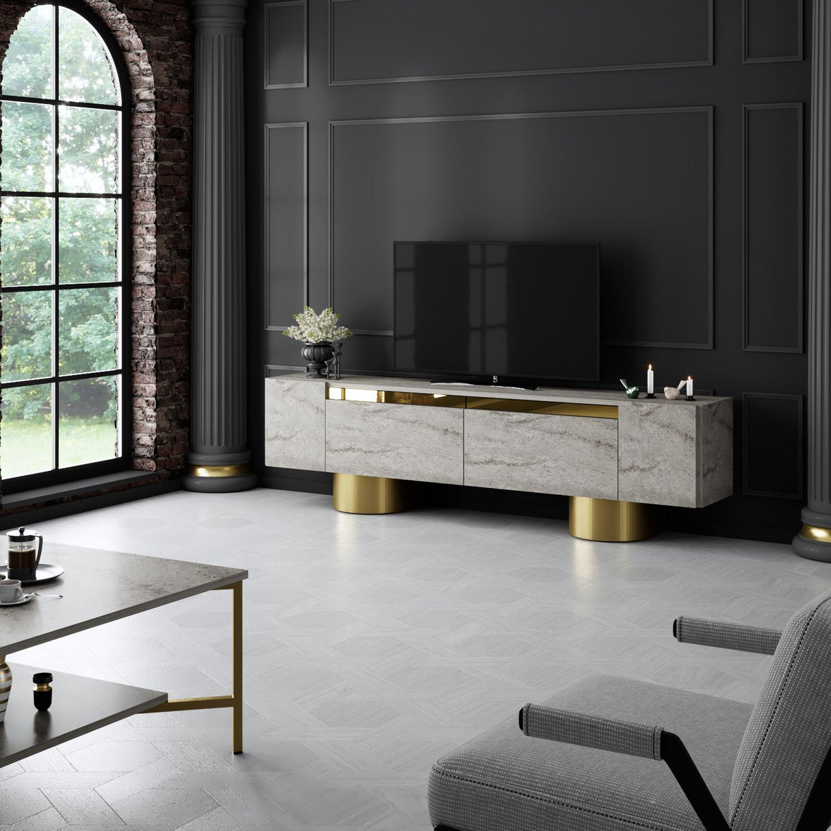 TV cabinet Travertine Bohem 180x50x30 - Golden frame