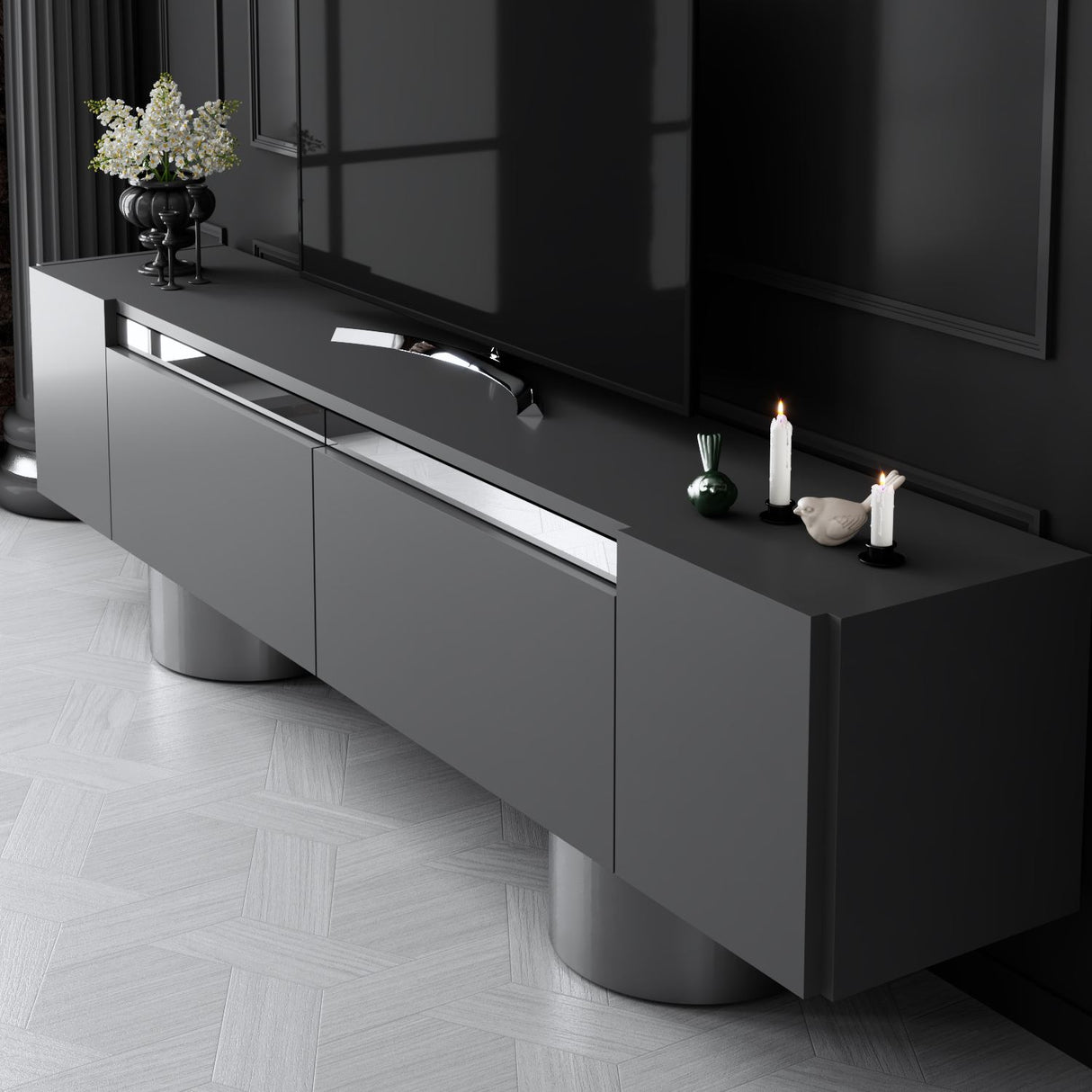 TV cabinet Anthracite Bohem 180x50x30 - Silver frame