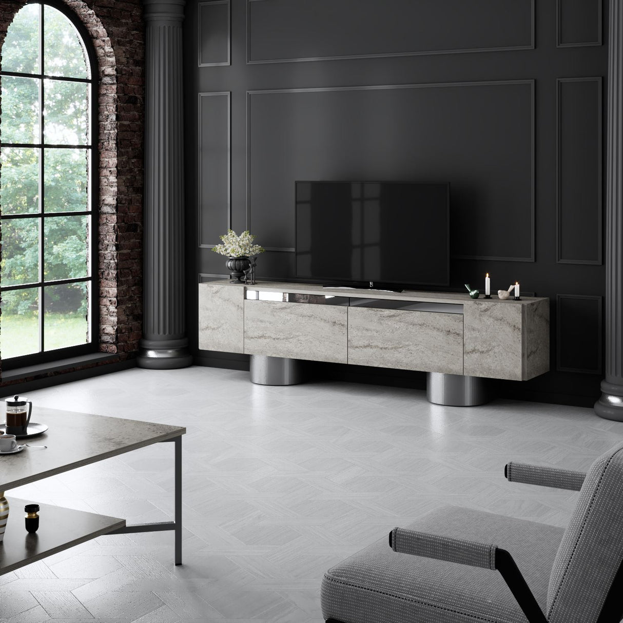 TV cabinet Travertine Bohem 180x50x30 - Silver frame