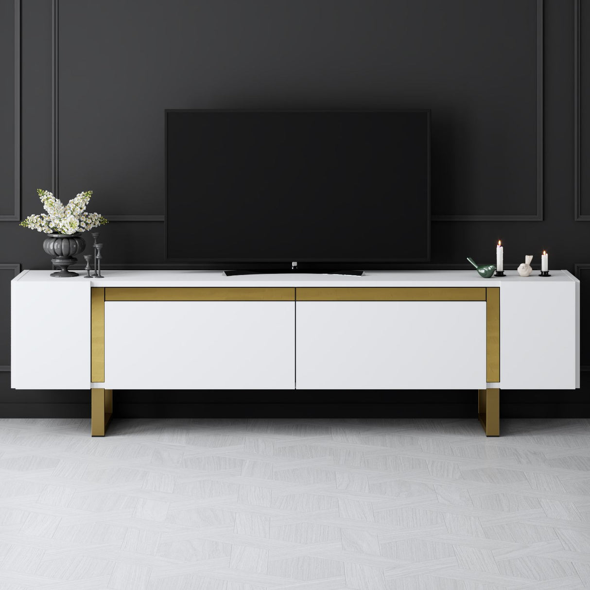 TV Cabinet White Yildiz 180x50x30 - Gold Frame