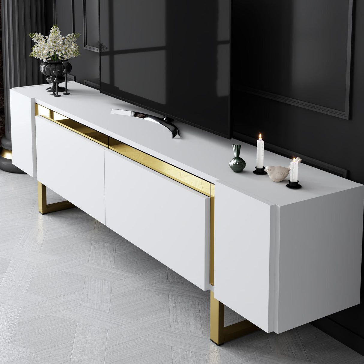 TV Cabinet White Yildiz 180x50x30 - Gold Frame