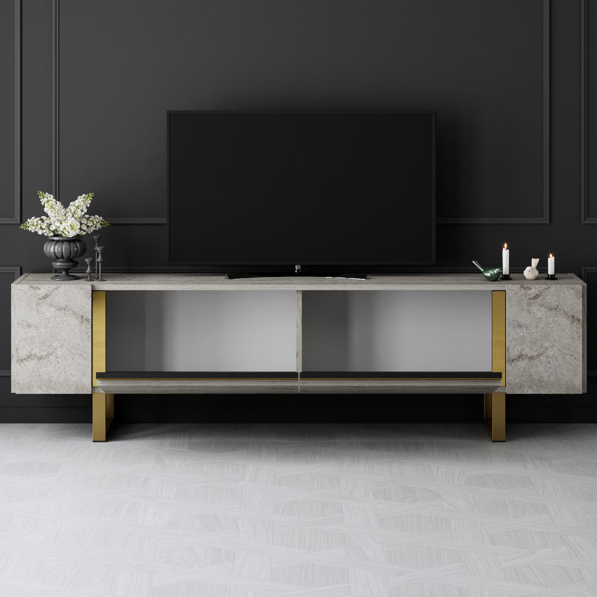 TV Cabinet Travertine Yildiz 180x50x30 - Gold Frame