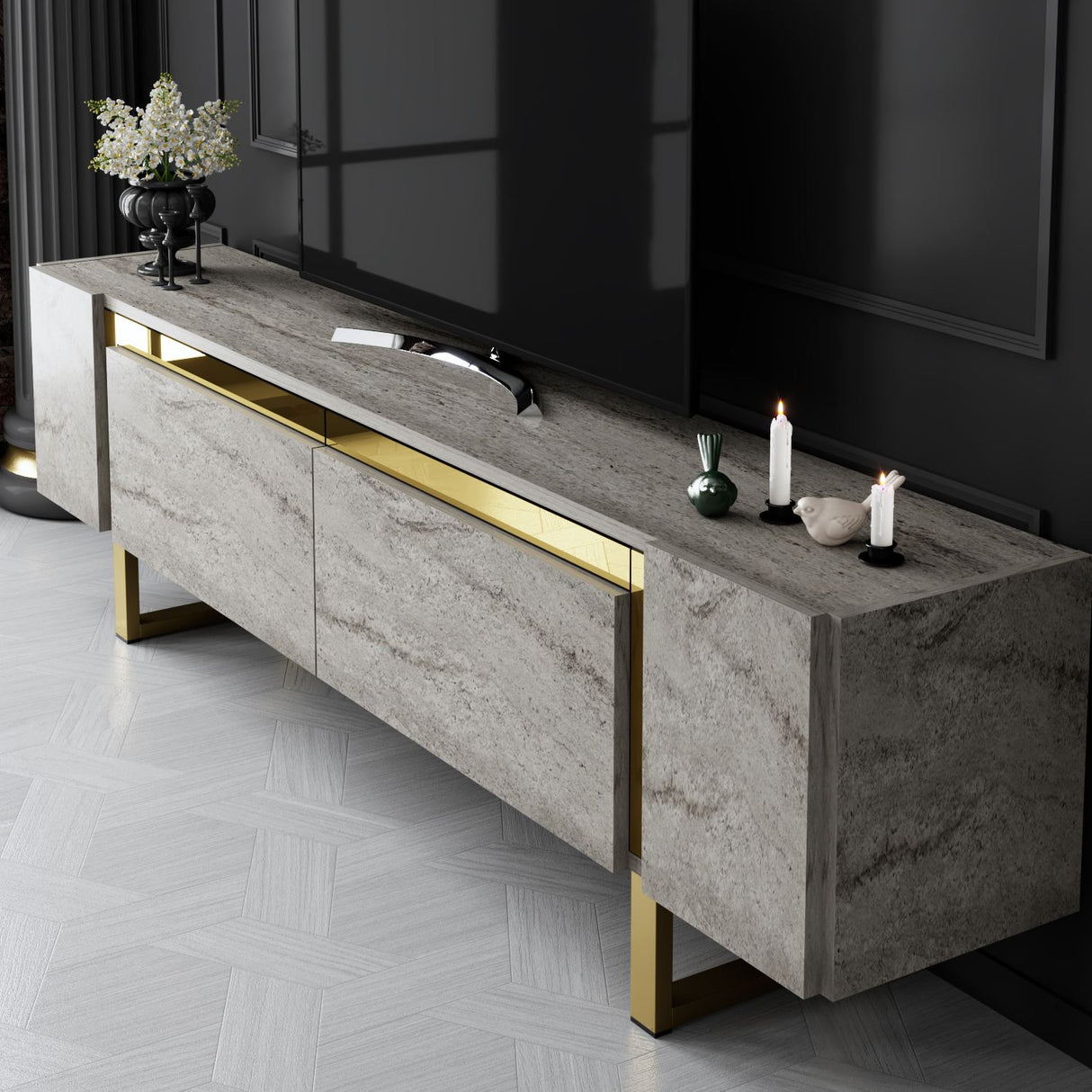 TV Cabinet Travertine Yildiz 180x50x30 - Gold Frame