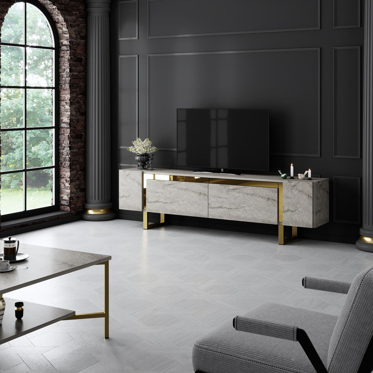 TV Cabinet Travertine Yildiz 180x50x30 - Gold Frame