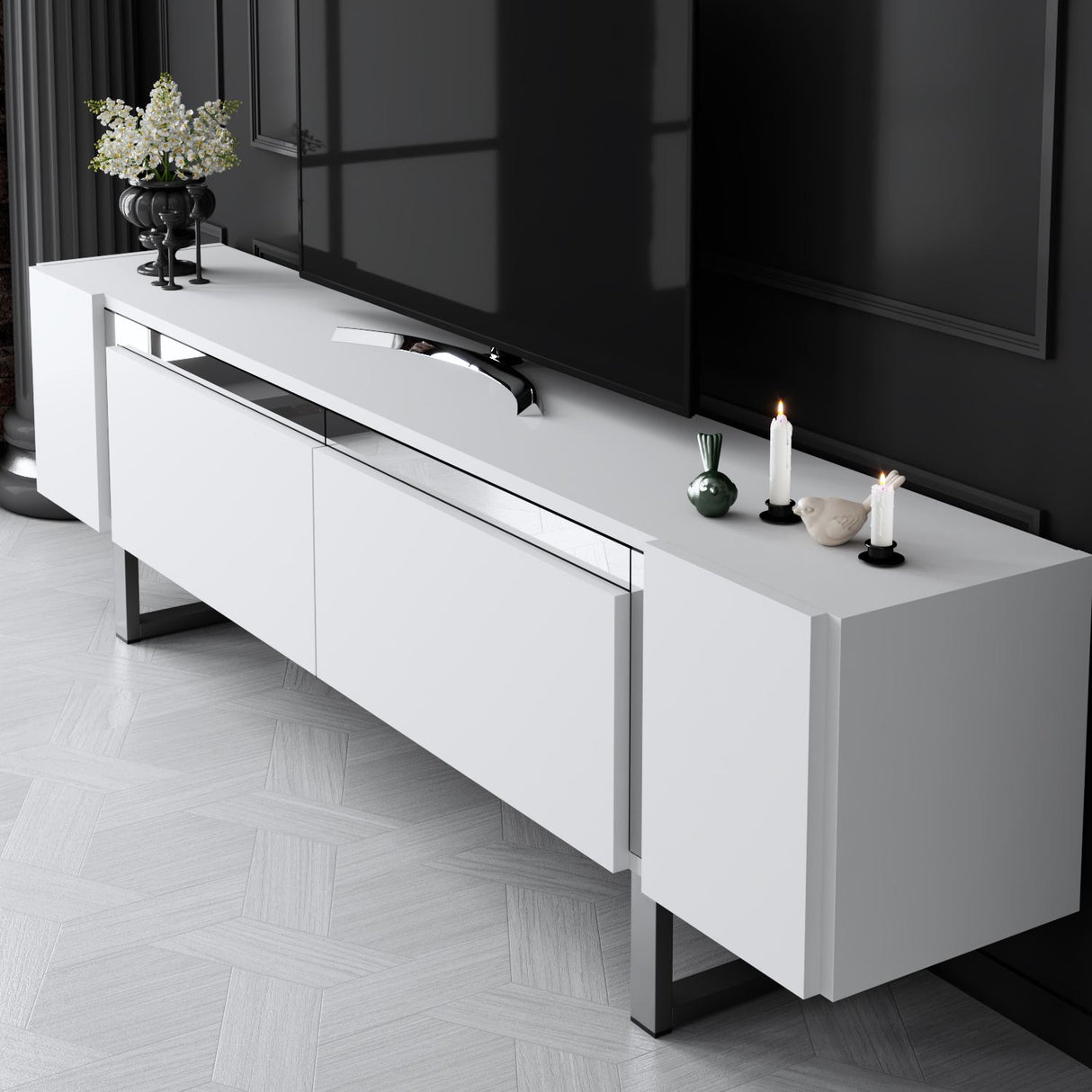 TV Cabinet White Yildiz 180x50x30 - Silver Frame