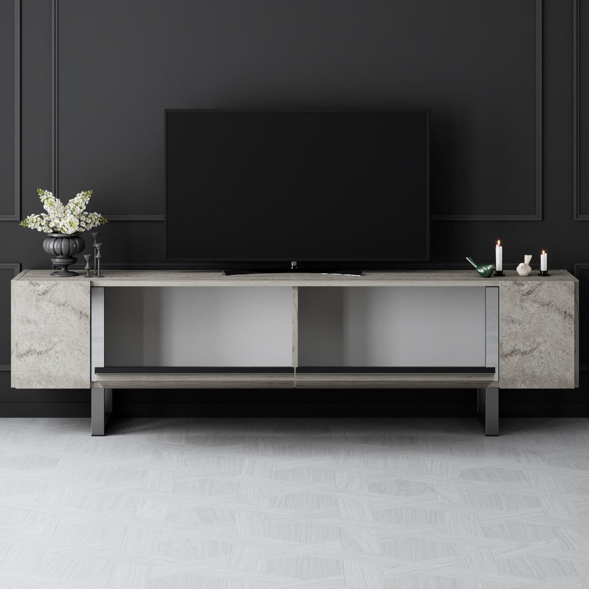 TV Cabinet Travertine Yildiz 180x50x30 - Silver Frame