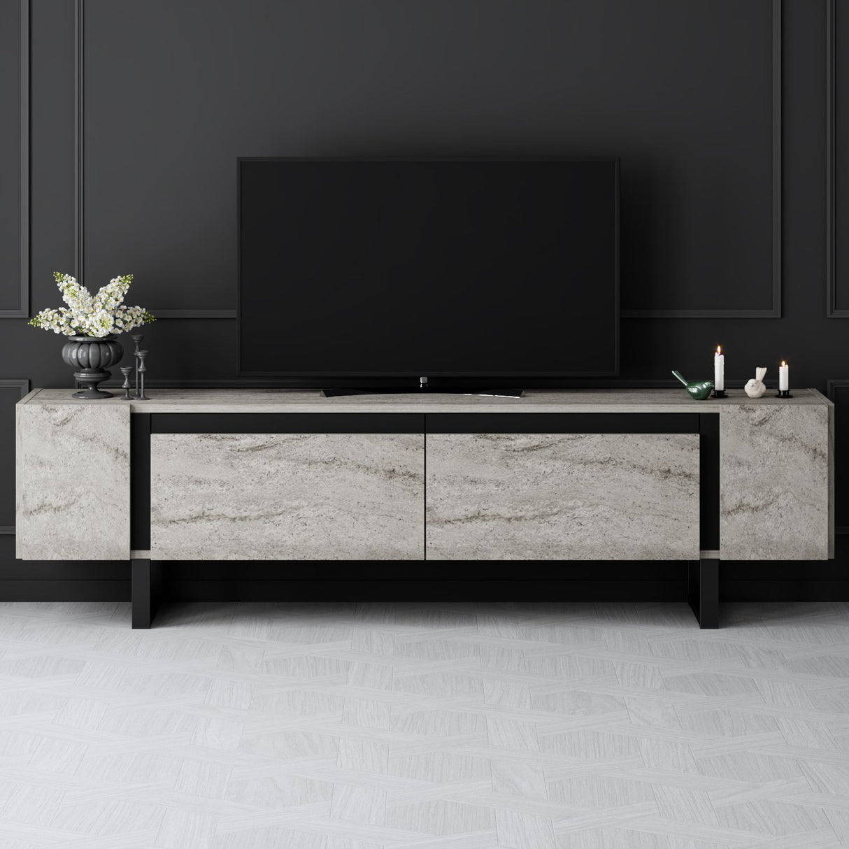 TV Cabinet Travertine Yildiz 180x50x30 - Black Frame